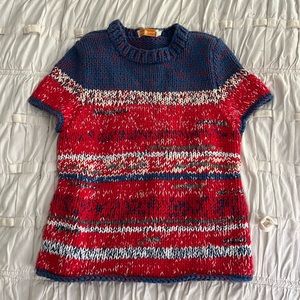 Tory Burch Mouline Sweater Womens XS Crochet Red White Blue Short Sleeve Heavy